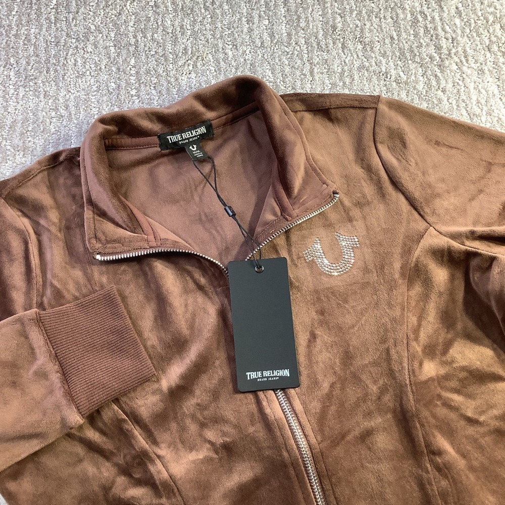 True Religion Crystal Wing Velour Track Jacket Brown Womens Size M NWT